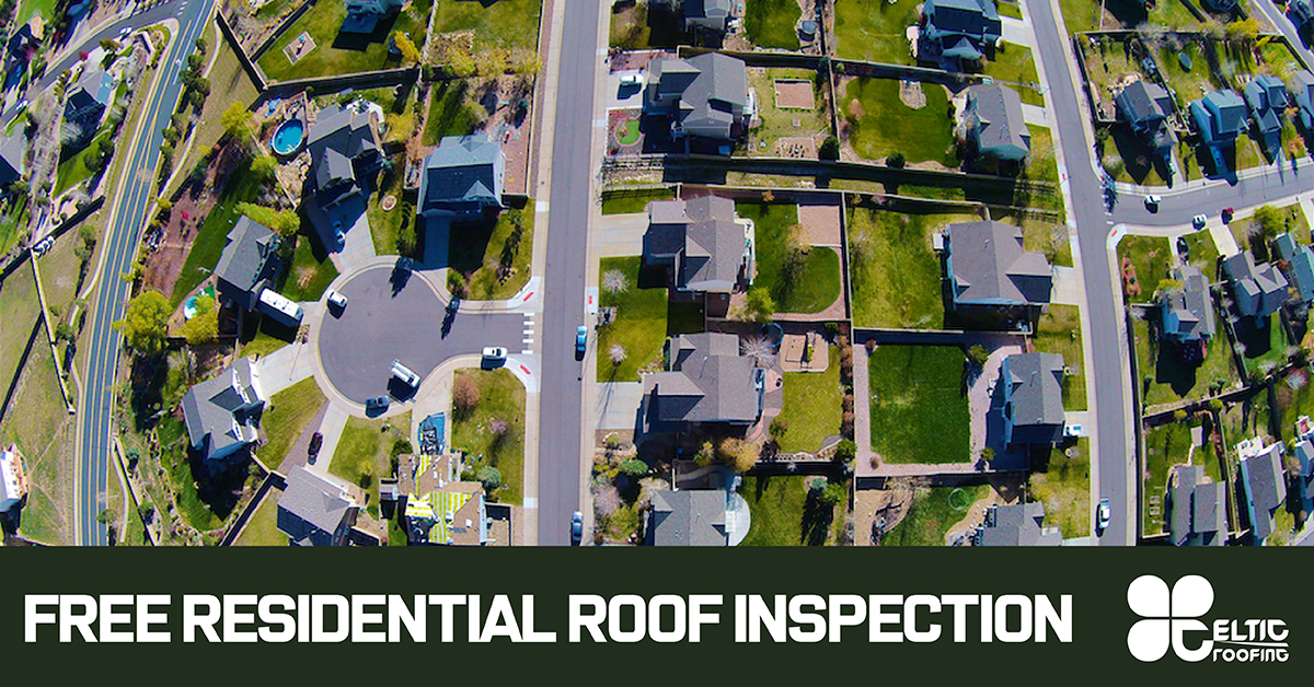 Aerial view of neighborhood homes promoting free residential roof inspection in Spring.